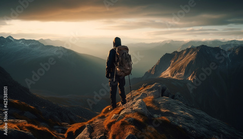 One person standing on mountain peak, backpacker achieves hiking success generated by AI