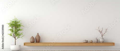 A wooden shelf on a empty blank white wall, copy space for interior advertising. AI generated horizontal poster, 3d rendering furniture. 