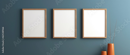 Four blank colored picture frames mockups on a dark blu pastel wall. templates minimalist. Interior design with Copy space. mockup of empty framed posters, Ai generated gallery. Horizontal background