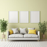 Ai 3d render living room, minimal interior design, pastel green wall, comfortable stylish house. Plants, sofa,  Blank vertical light panels, mockup of empty framed posters. copy space