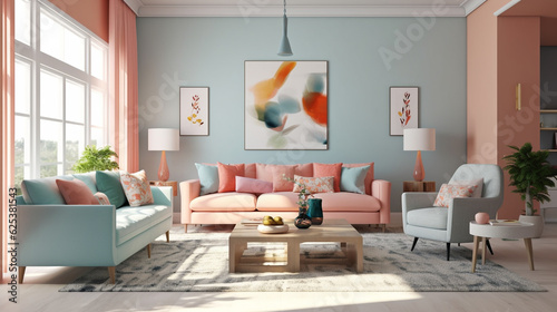 3d render of a living room painted in soft pastel colors  blue and pink walls and furniture  sofa and armchair in light orange and light aquamarine  flowing forms  quirky elegance  natural lighting