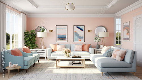 3d render of a living room painted in soft pastel colors, blue and pink walls and furniture, sofa and armchair in light orange and light aquamarine, flowing forms, quirky elegance, natural lighting