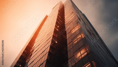 Modern skyscraper reflects futuristic cityscape at dusk, a corporate success generated by AI