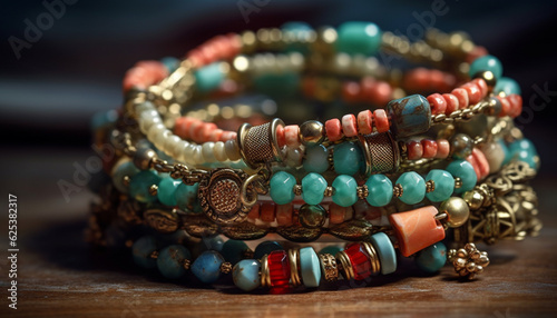 Shiny jewelry collection of bead, gemstone, and metal variations generated by AI