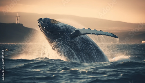 Majestic humpback whale splashing in blue sea at sunset generated by AI