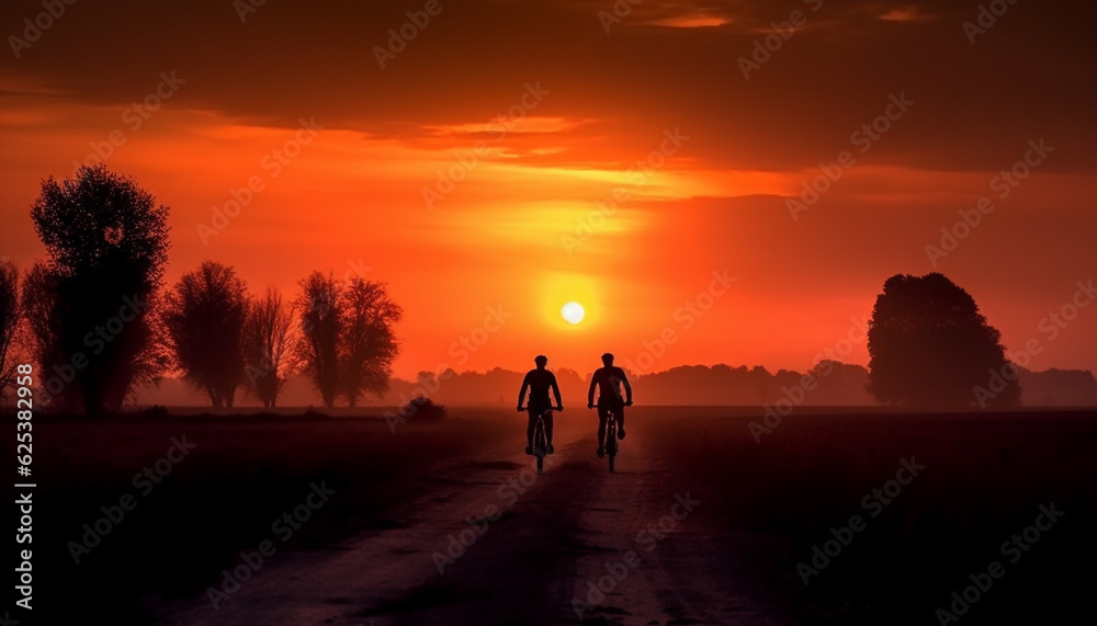 Silhouette of men cycling in back lit sunset, outdoor adventure generated by AI