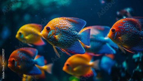 Vibrant school of multi colored fish swim in tropical reef generated by AI