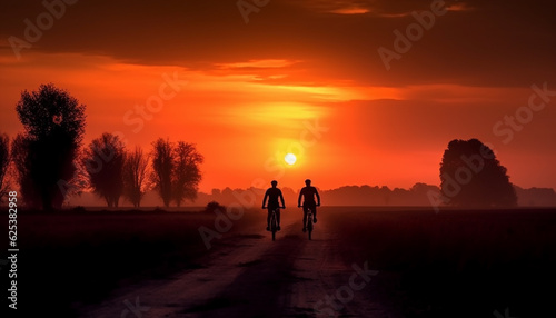 Silhouette of men cycling in back lit sunset, outdoor adventure generated by AI © djvstock