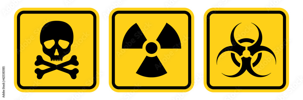 Set hazard danger yellow vector signs. Radiation sign, Biohazard sign, Toxic sign. Set hazard danger yellow vector signs. Radiation sign, Biohazard sign, Toxic sign.