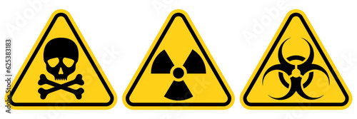 Set hazard danger yellow vector signs. Radiation sign, Biohazard sign, Toxic sign.	