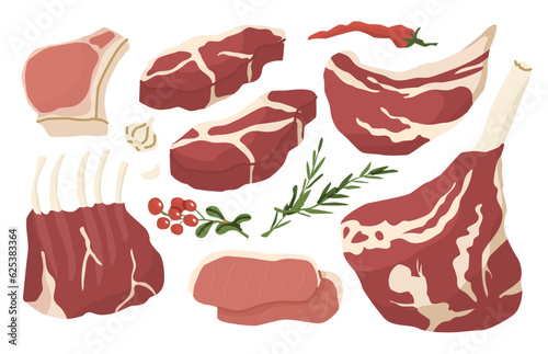 Set of meat products. Fresh beef, pork fillet. Different parts of the bodies of animals. Soup set. Concept for farms and food markets. Vector illustration isolated on white background.