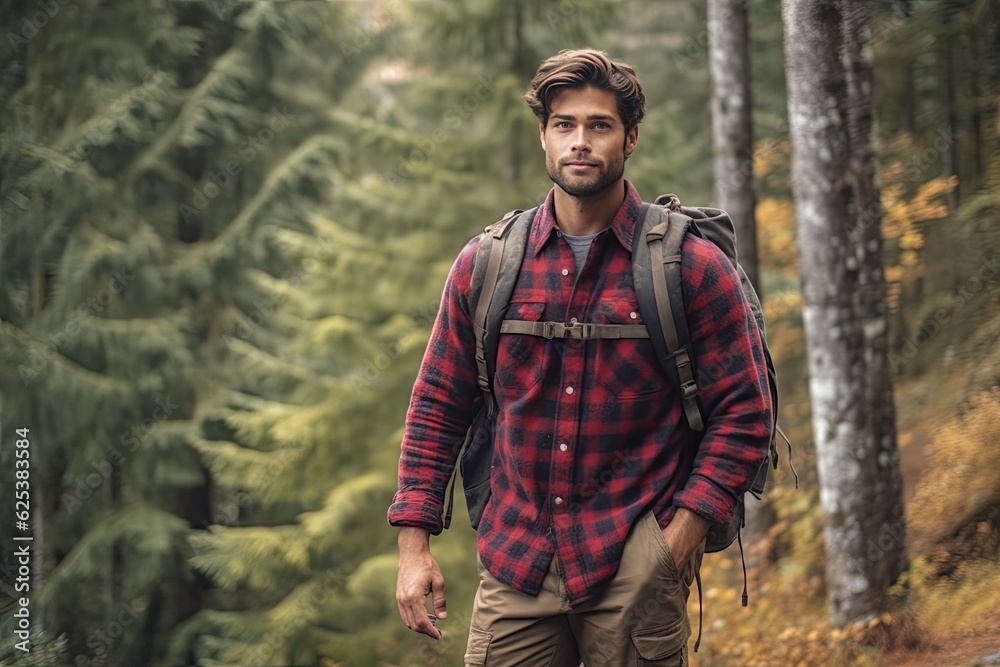 Handsome bearded man with backpack in the autumn forest. Travel and adventure concept