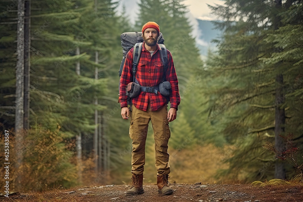 Handsome bearded man with backpack in the autumn forest. Travel and adventure concept