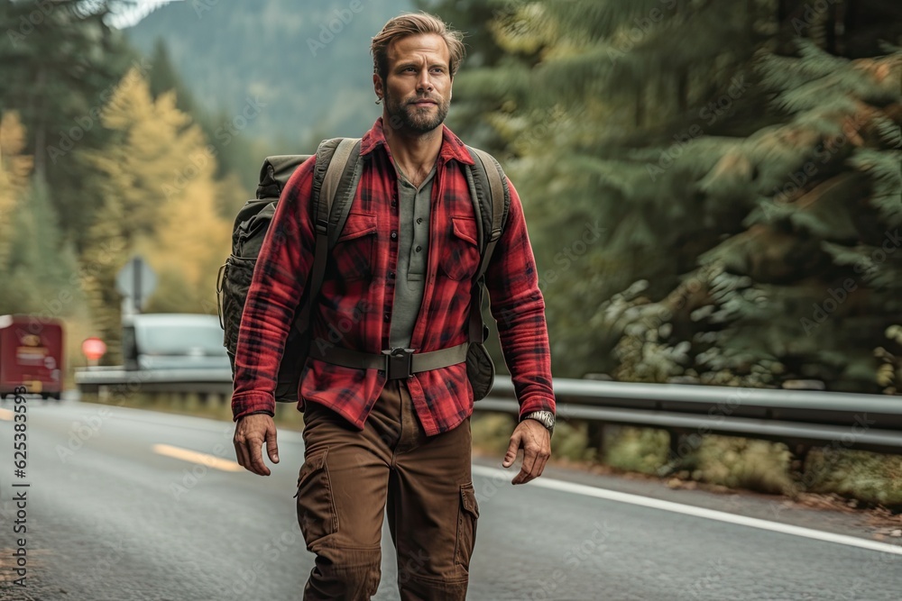 Handsome bearded man with backpack in the autumn forest. Travel and adventure concept