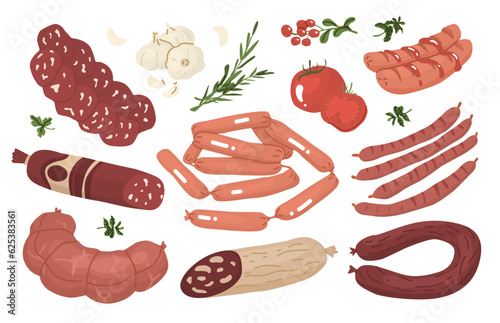 Set of sausages and vegetables. Meat products. Assortment of chicken, pork, beef sausages, whole and sliced. Concept for farms and food markets. Vector illustration isolated on white background.