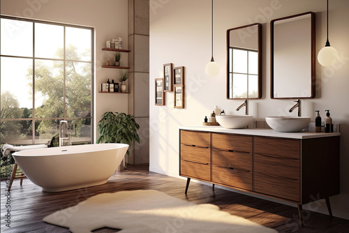 Interior of modern bathroom with beige walls  wooden floor  comfortable white bathtub and round mirror