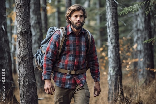 Handsome bearded man with backpack in the autumn forest. Travel and adventure concept