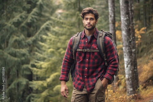 Handsome bearded man with backpack in the autumn forest. Travel and adventure concept © ttonaorh