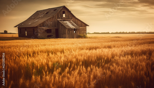 Rustic farmhouse in tranquil meadow, wheat harvested under autumn sunset generated by AI