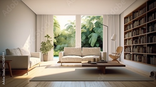 Modern luxury spacious penthouse living room interior design with comfortable sofa, coffee table