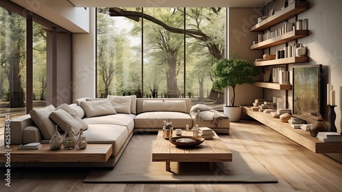 Modern luxury spacious penthouse living room interior design with comfortable sofa, coffee table © ttonaorh