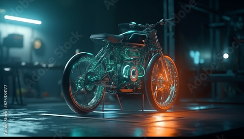 Shiny chrome motorcycle reflects modern elegance in illuminated garage generated by AI