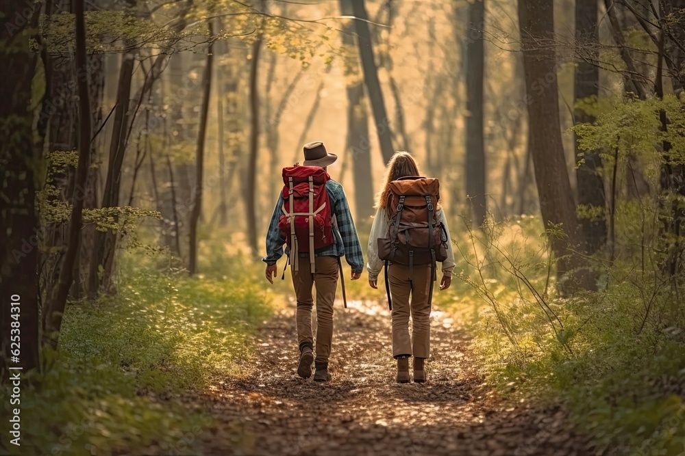 Back view of a young couple with backpacks walking through the forest