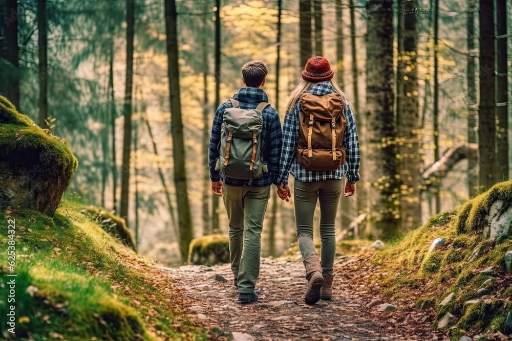 Back view of a young couple with backpacks walking through the forest