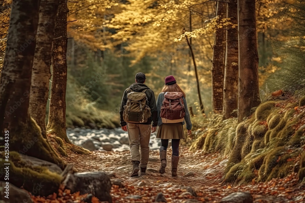 Back view of a young couple with backpacks walking through the forest