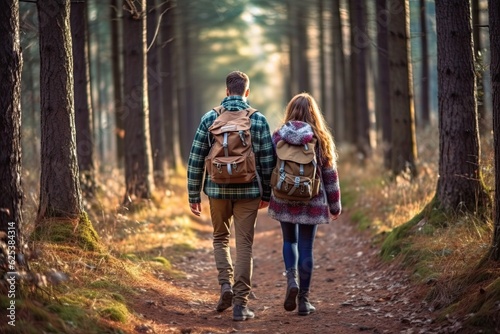 Back view of a young couple with backpacks walking through the forest
