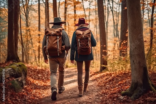 Back view of a young couple with backpacks walking through the forest © ttonaorh