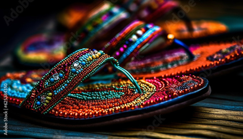 Vibrant multi colored sandals showcase indigenous cultures' elegant embroidery and patterns generated by AI