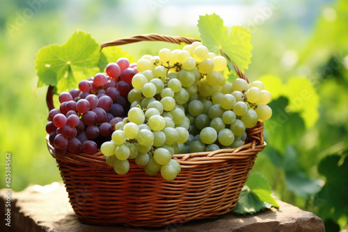 Wicker basket full of grapes on green leaves background
