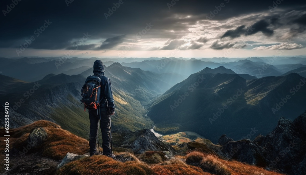 One person hiking mountain peak, backpack standing, admiring nature beauty generated by AI
