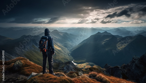 One person hiking mountain peak, backpack standing, admiring nature beauty generated by AI © djvstock