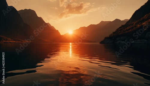 Orange sunset reflects on tranquil water, majestic mountain silhouette generated by AI © djvstock