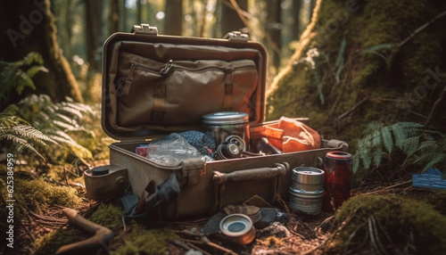 Backpacker explores forest, hikes footpath, camps under autumn leaves generated by AI