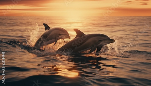 Playful dolphins jumping in the sunset  splashing in blue water generated by AI
