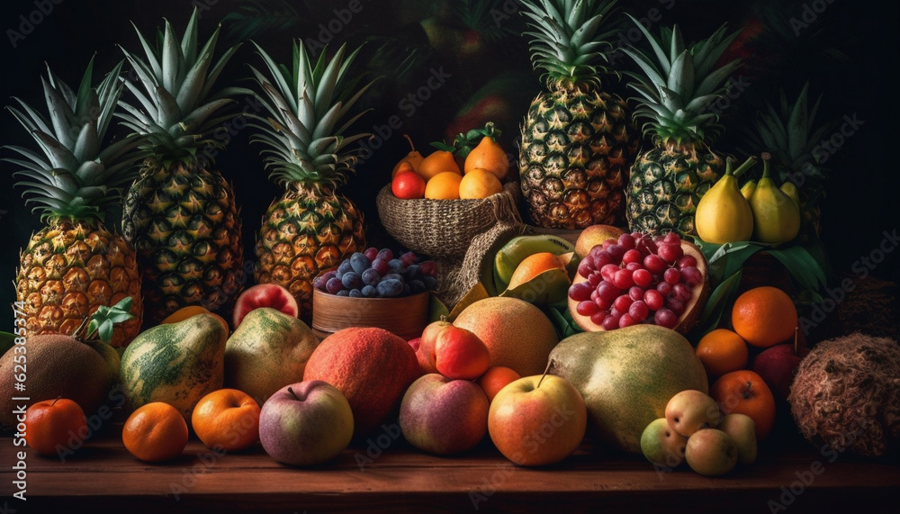 Fresh and colorful fruit collection on wooden table for healthy eating generated by AI