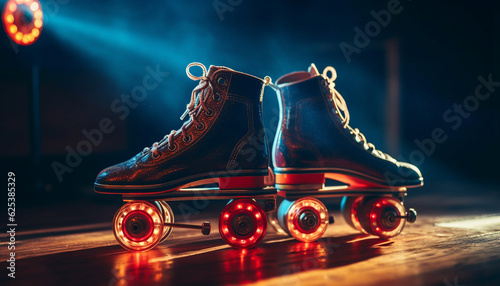 Roller skating fun with blue sports shoes on old wood generated by AI
