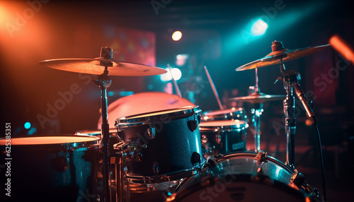 Drummer performs on stage with illuminated drum kit at nightclub generated by AI