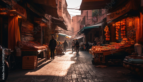 Night falls on the old town  lanterns illuminate markets generated by AI