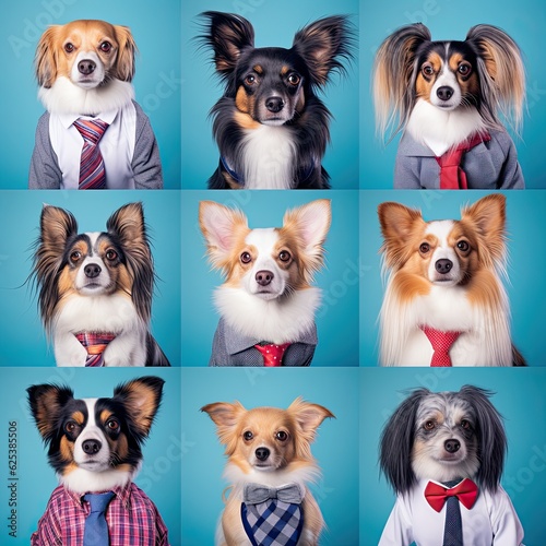 Nine adorable Papillon dogs dressed professionally, ready to conquer the world with cuteness and style showcasing their unique personalities through a variety of professional clothing.
