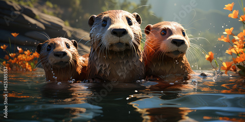 family of cute otters swiming inside small ponts, waterfall in background, wallpaper image photo