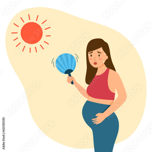Pregnant woman sweating under strong sunlight in summertime.