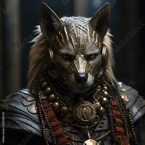  fierce african tribe warrior wearing hyena mask with samurai armor, wallpaper background image photo