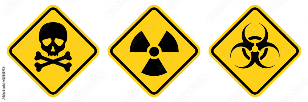 Set hazard danger yellow vector signs. Radiation sign, Biohazard sign, Toxic sign. Set hazard danger yellow vector signs. Radiation sign, Biohazard sign, Toxic sign.