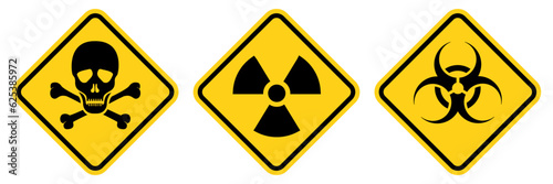 Set hazard danger yellow vector signs. Radiation sign, Biohazard sign, Toxic sign.