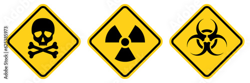 Set hazard danger yellow vector signs. Radiation sign, Biohazard sign, Toxic sign.