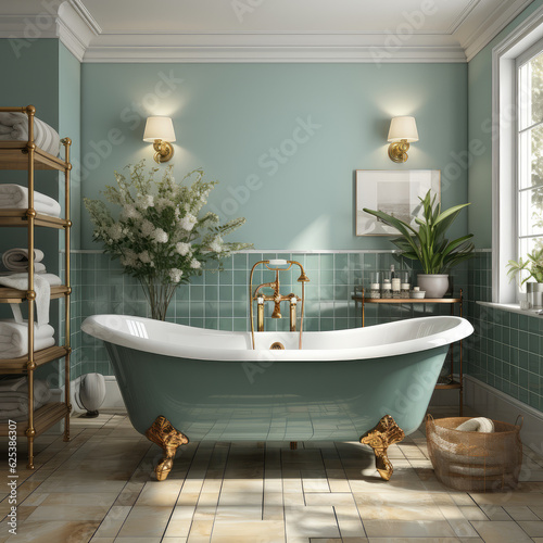 green and blue colored bathtub standing in the middle of classic style bathroom with minimalistic look, interior design, modern bathroom design, wallpaper background image photo